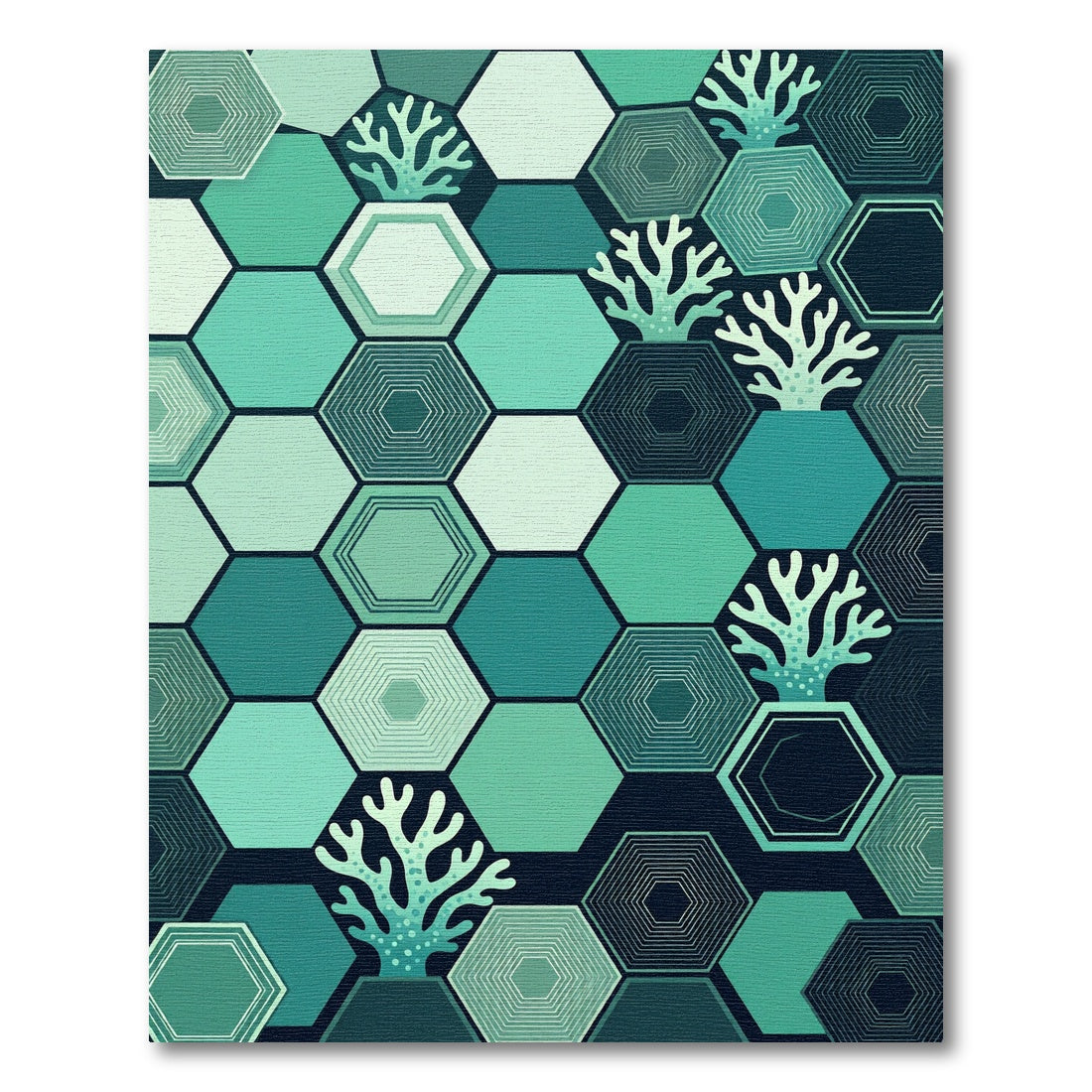 Geometric Teal Hexagon Coral Reef Rug