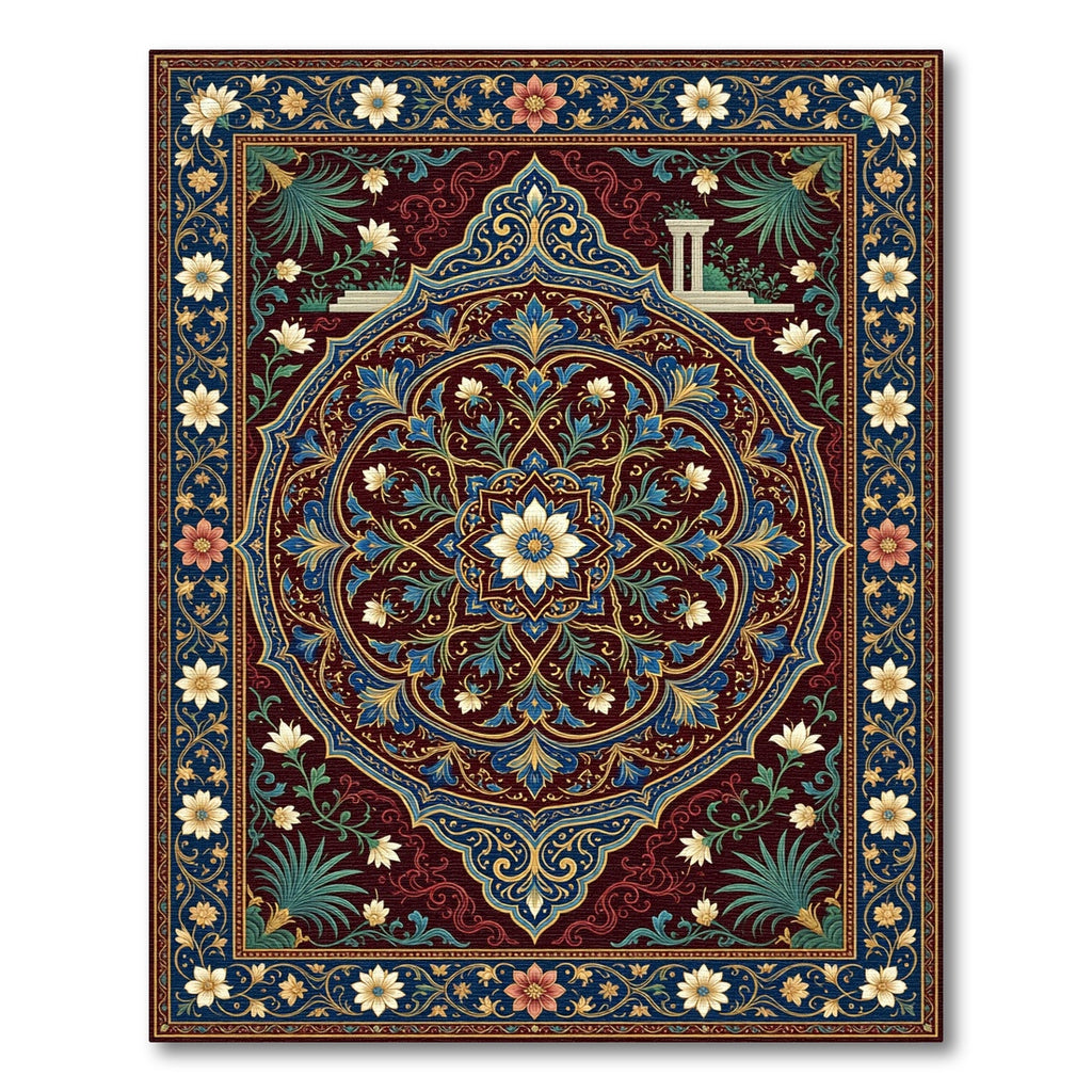 Ornate Blue Crimson Floral Medallion Rug
