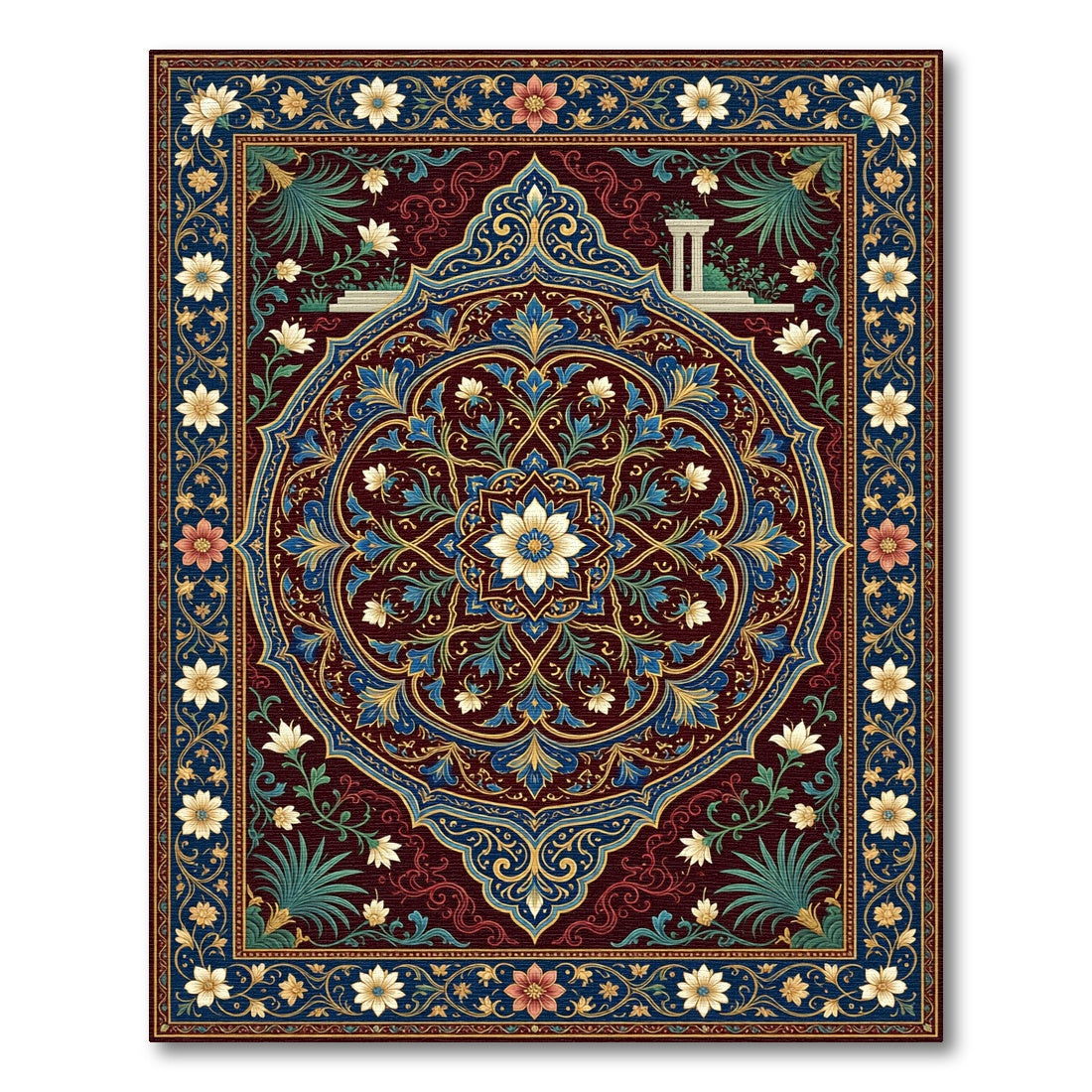 Ornate Blue Crimson Floral Medallion Rug