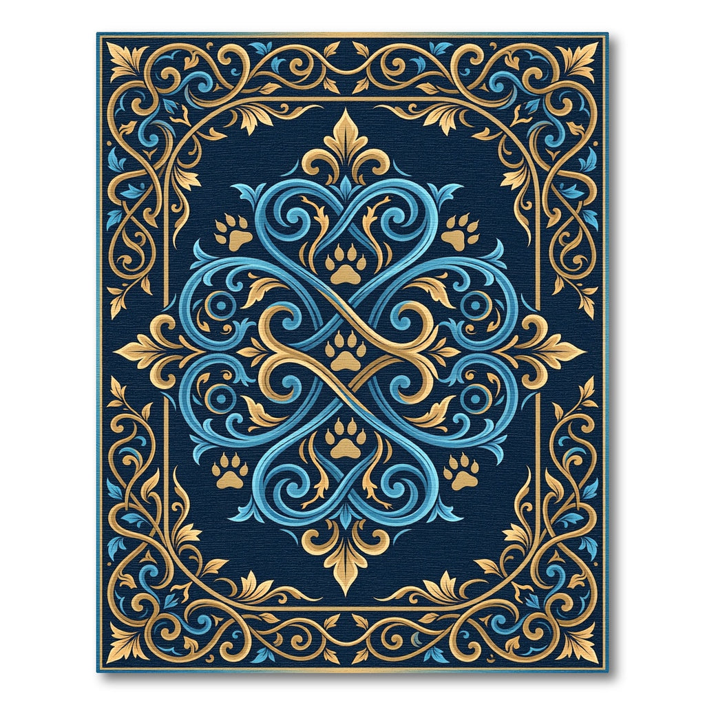 Ornate Blue and Gold Paw Scroll Rug