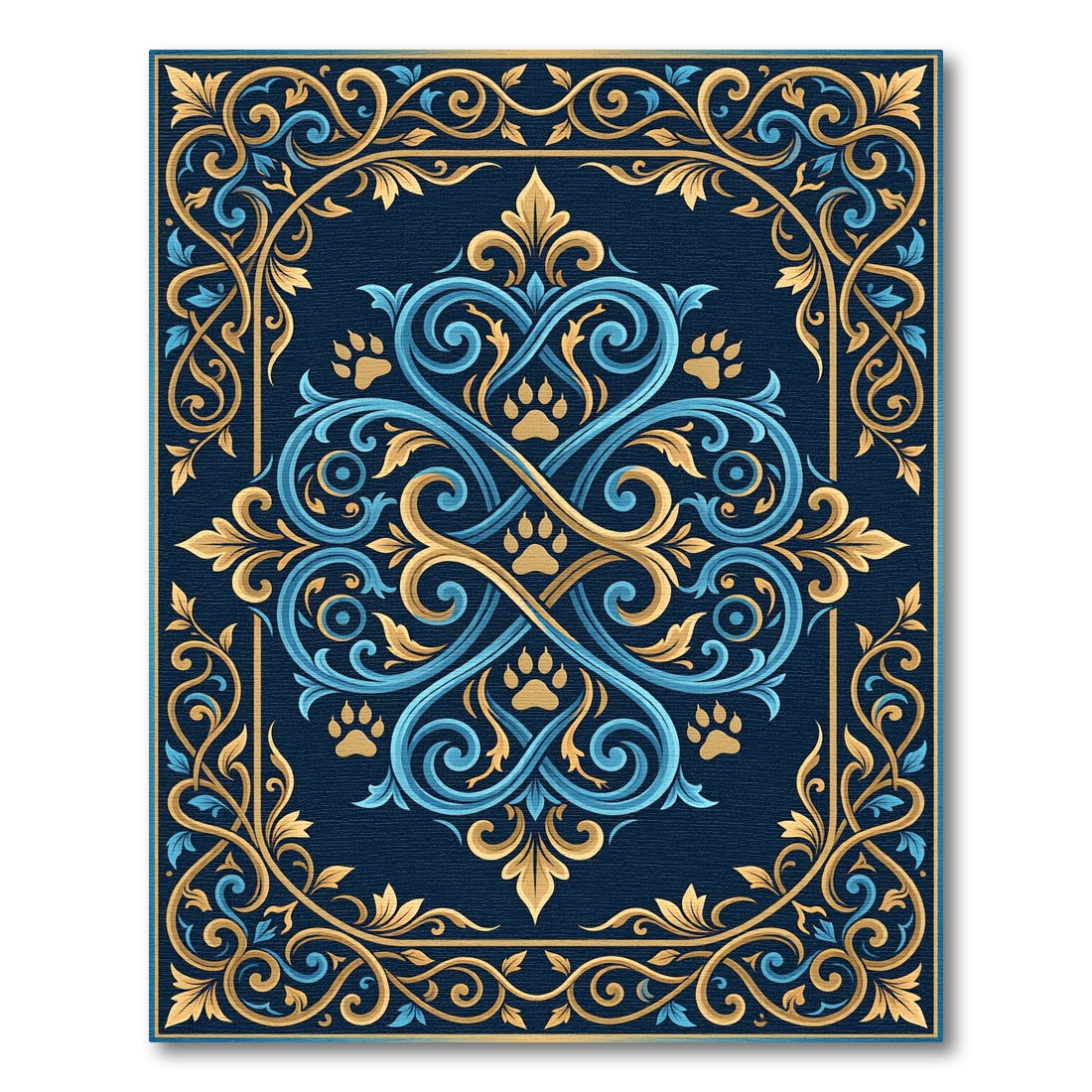Ornate Blue and Gold Paw Scroll Rug