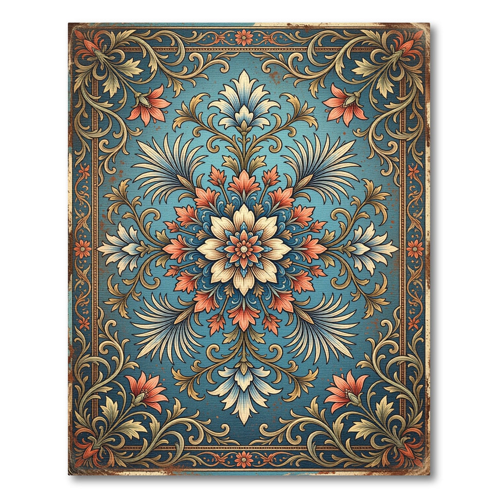 Elegant Blue Coral Floral Medallion Rug