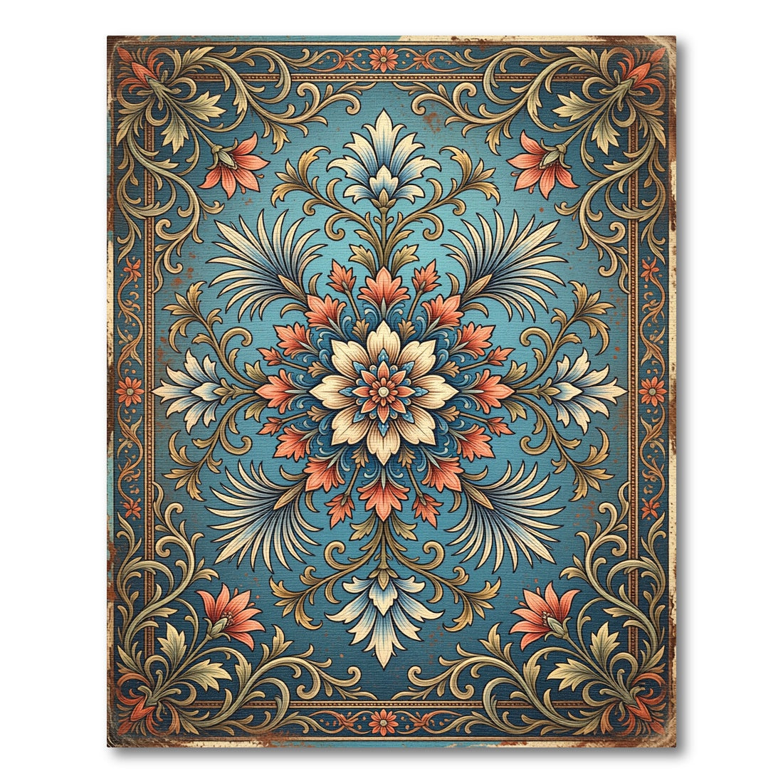 Elegant Blue Coral Floral Medallion Rug