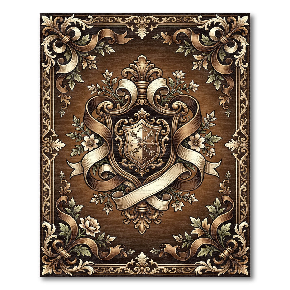 Ornate Bronze Heraldic Floral Scroll Emblem Rug
