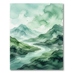 Serene Green Watercolor Mountain River Rug