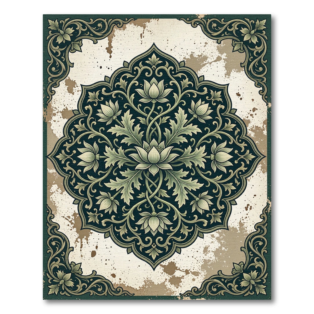 Elegant Sage Forest Lotus Medallion Rug