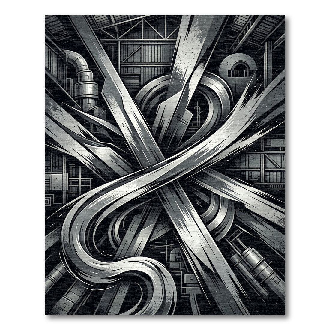 Monochromatic Industrial Steel Abstract Curve Rug