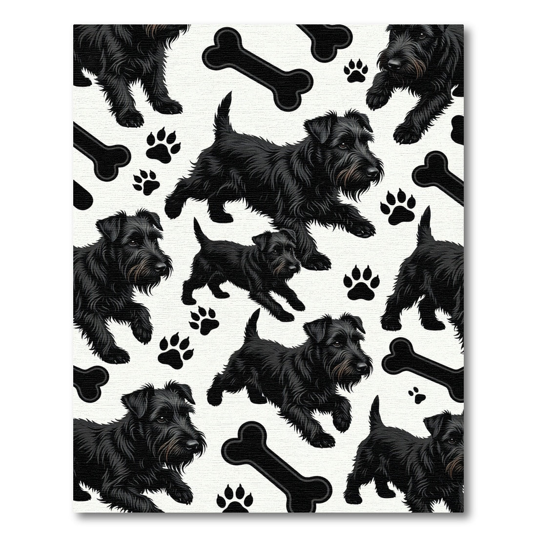 Playful Black Scottie Dog Bone Artwork Rug