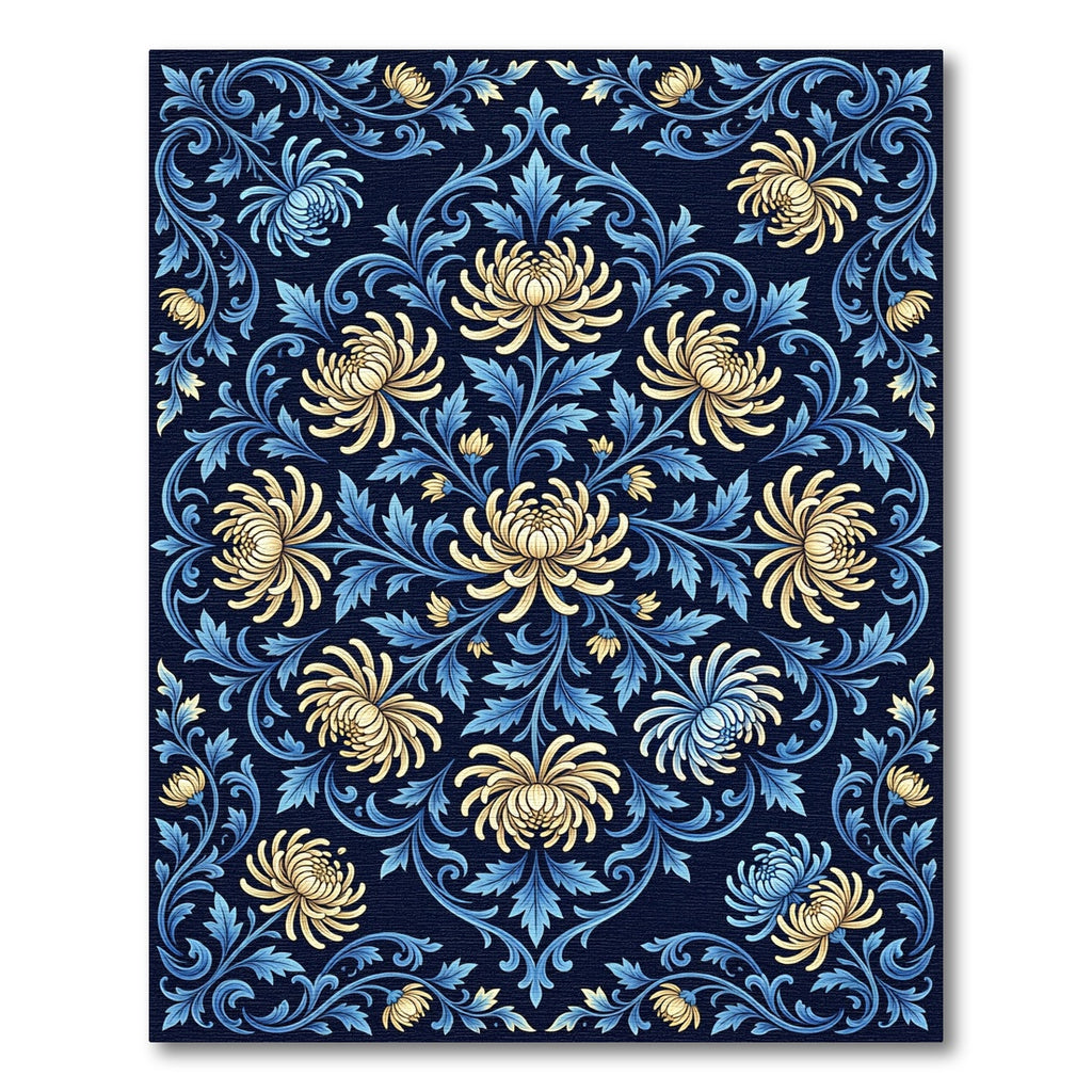 Navy Blue Floral Chrysanthemum Scroll Medallion Rug