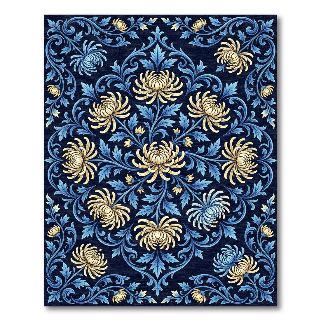 Navy Blue Floral Chrysanthemum Scroll Medallion Rug