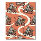 Whimsical Coral Cyclist Mouse Floral Art Rug