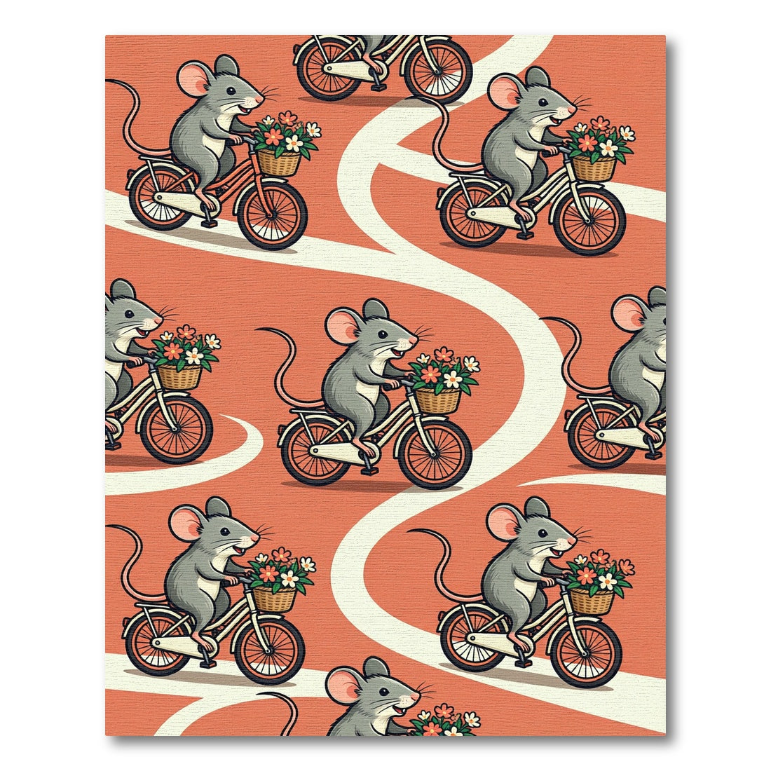 Whimsical Coral Cyclist Mouse Floral Art Rug
