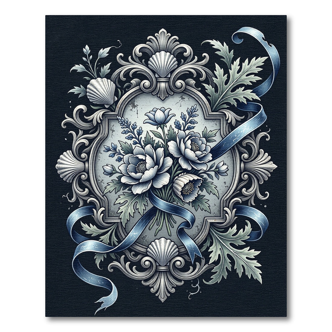 Elegant Slate Blue Floral Crest Rug