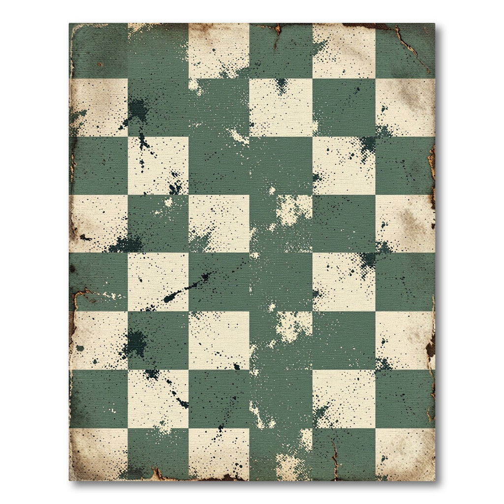 Distressed Green Cream Checkerboard Splatter Rug