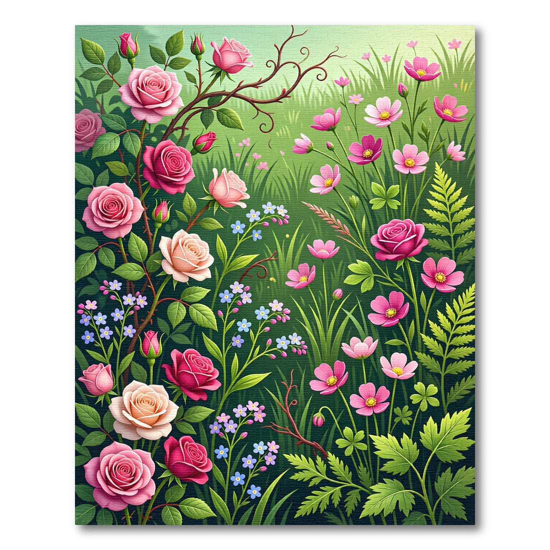Enchanted Pink Rose and Wildflower Meadow Rug