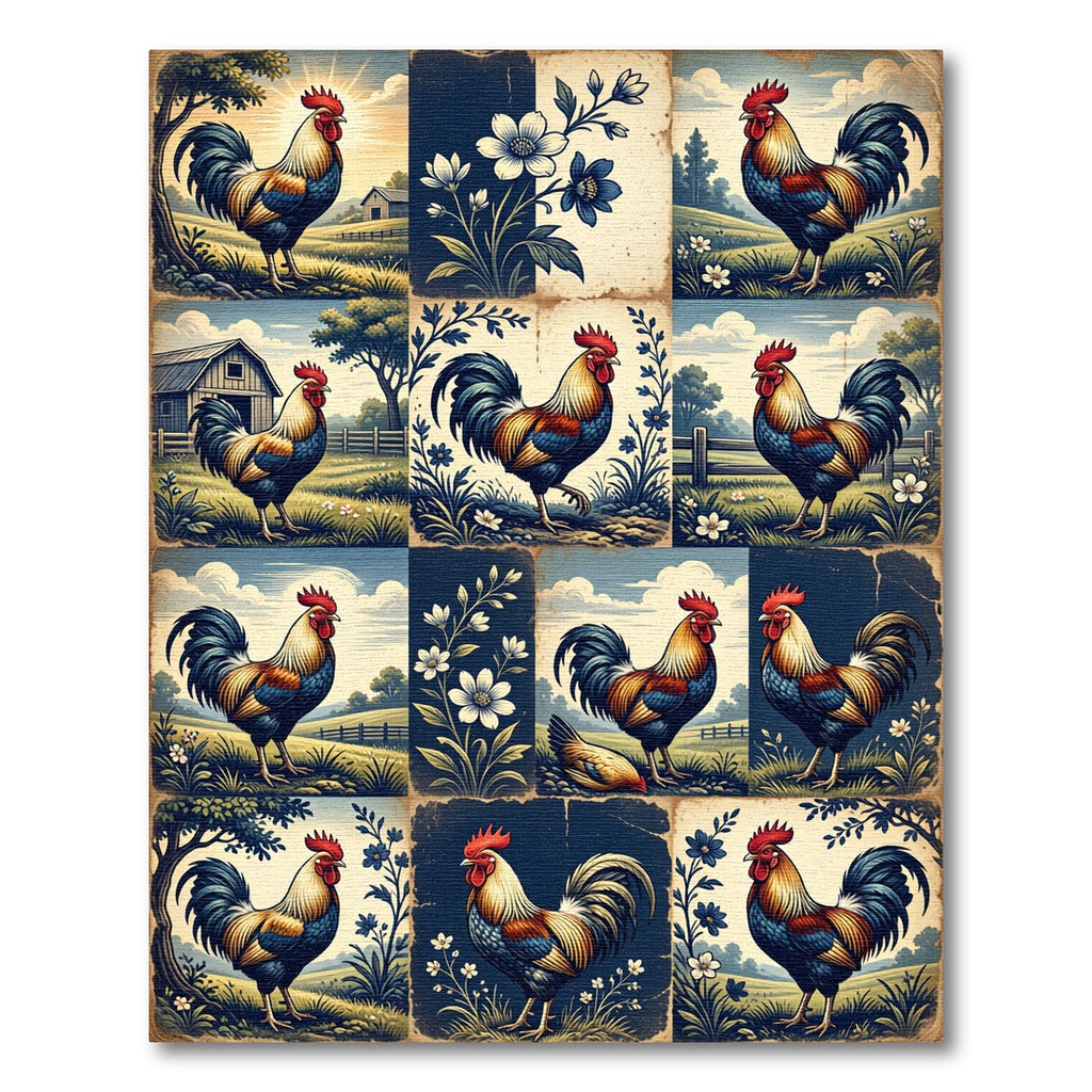 Rustic Farmhouse Rooster and Floral Grid Rug