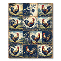 Rustic Farmhouse Rooster and Floral Grid Rug