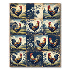 Rustic Farmhouse Rooster and Floral Grid Rug