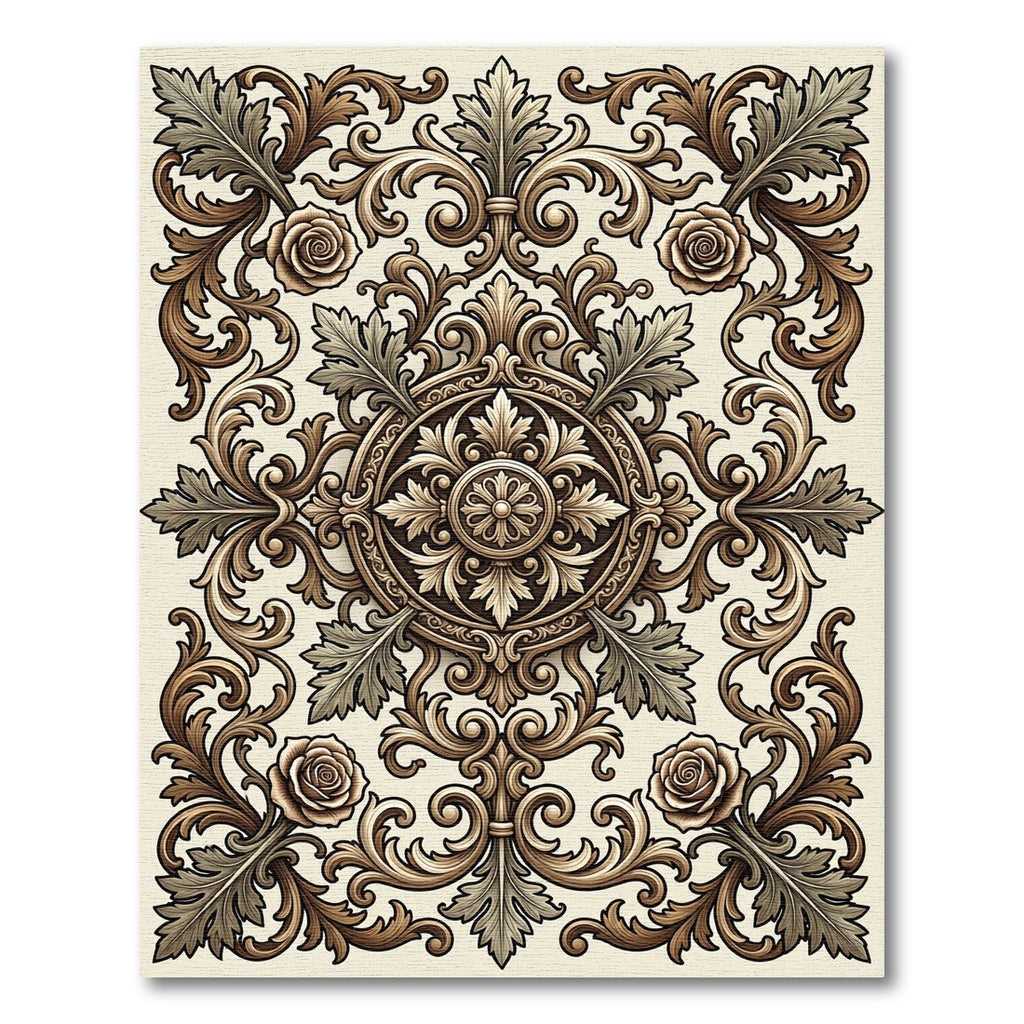 Ornate Brown Rose Foliage Scrollwork Rug