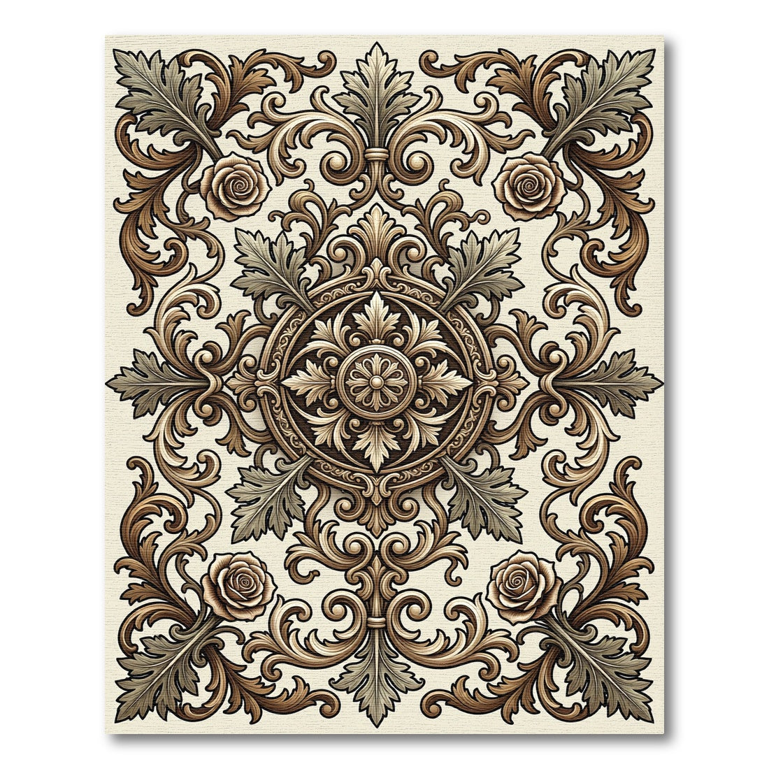 Ornate Brown Rose Foliage Scrollwork Rug