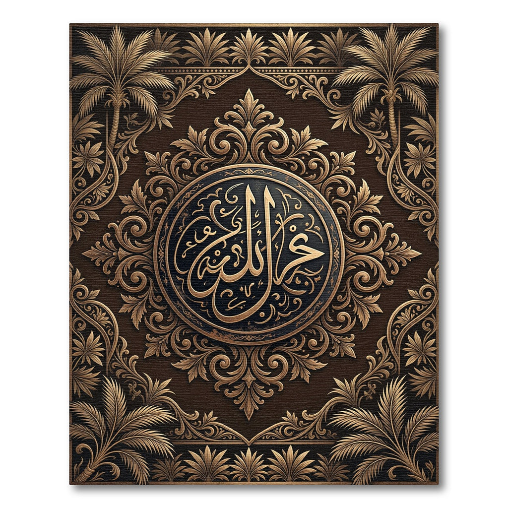 Ornate Bronze Calligraphy Palm Medallion Rug