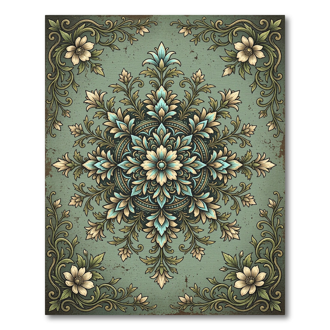 Vintage Teal Floral Medallion Scroll Rug