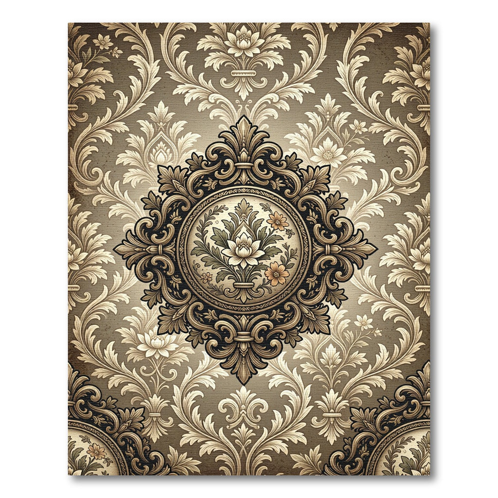Ornamental Beige Floral Damask Medallion Rug