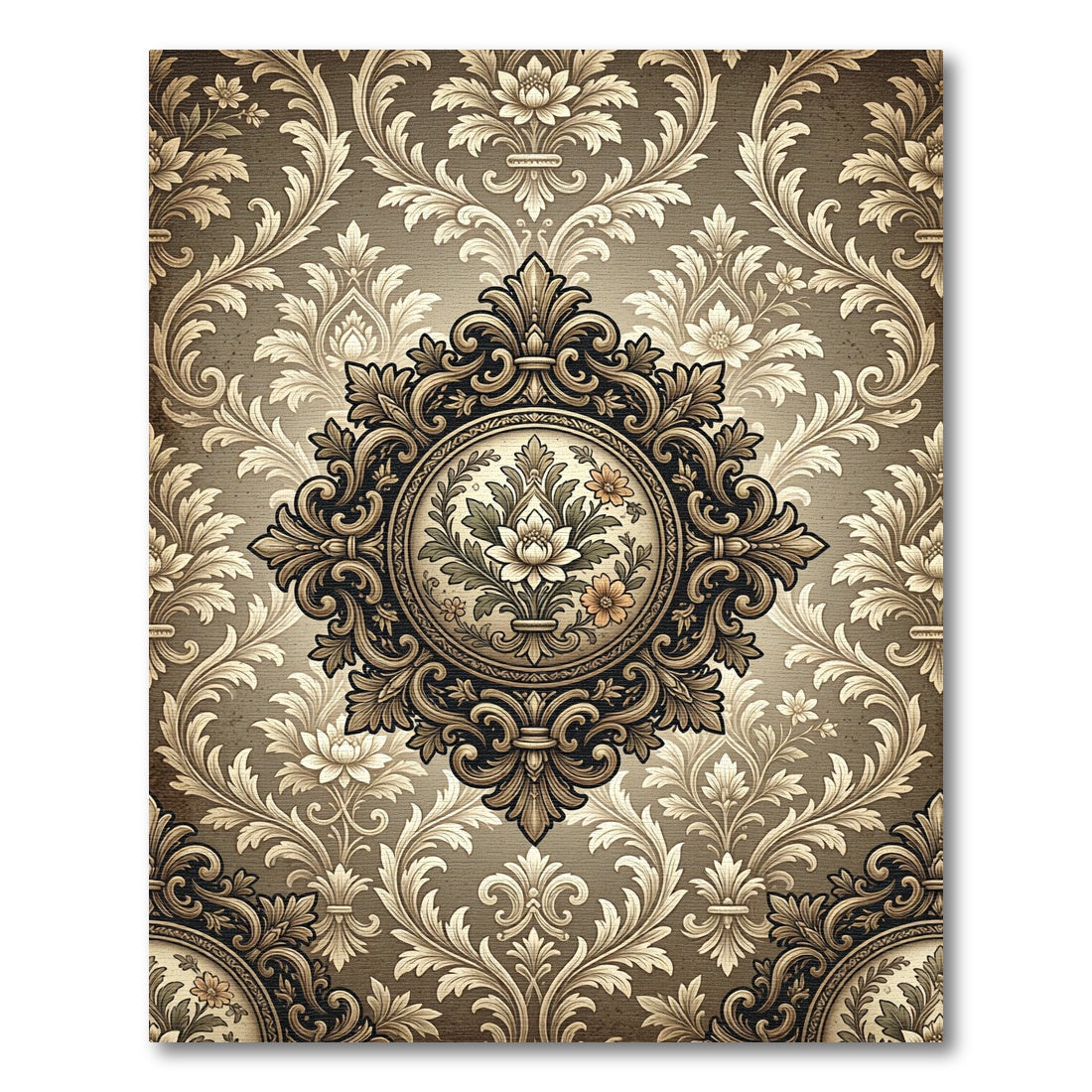 Ornamental Beige Floral Damask Medallion Rug