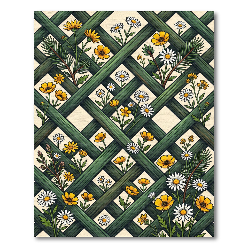 Lush Green Lattice with Daisy Wildflowers Rug