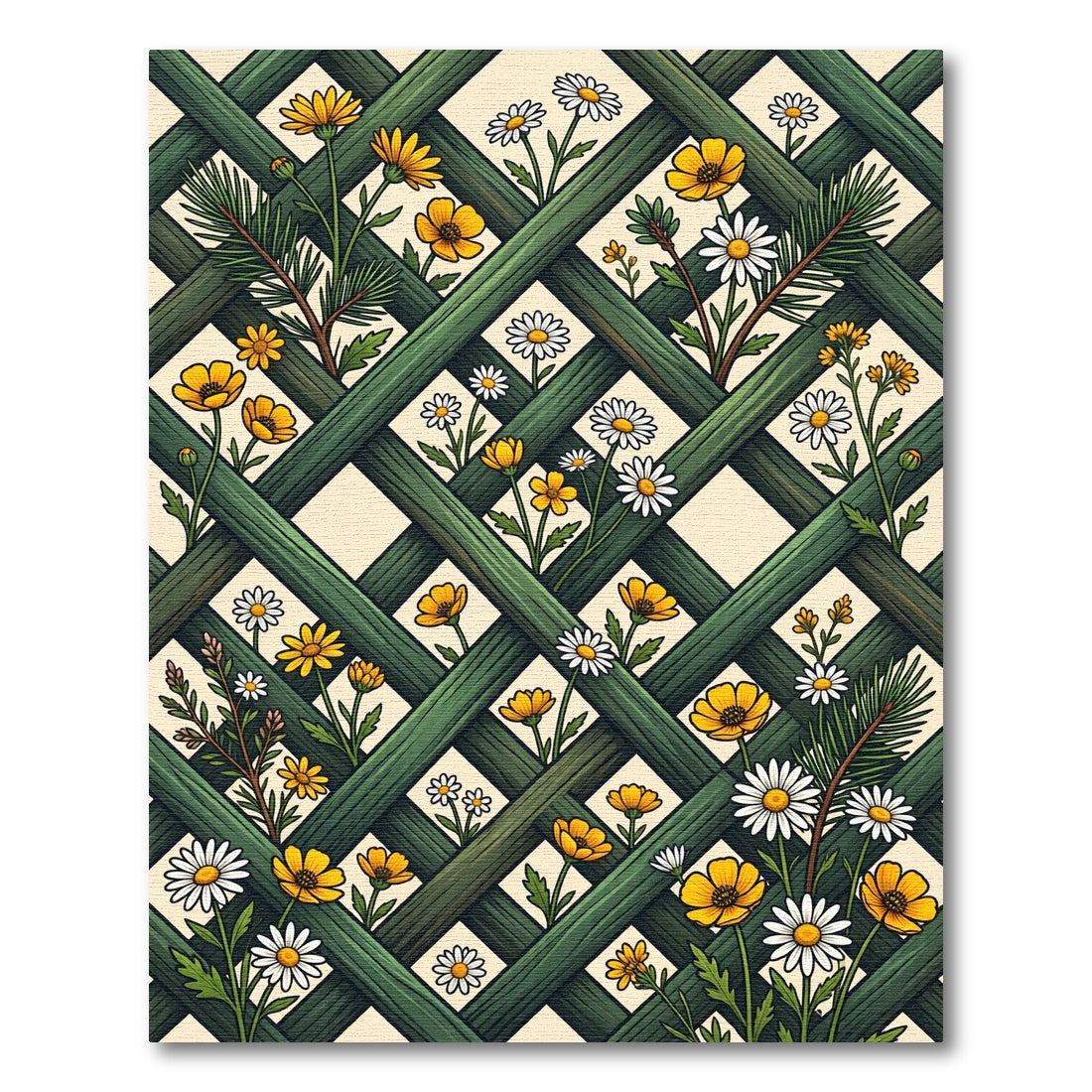Lush Green Lattice with Daisy Wildflowers Rug