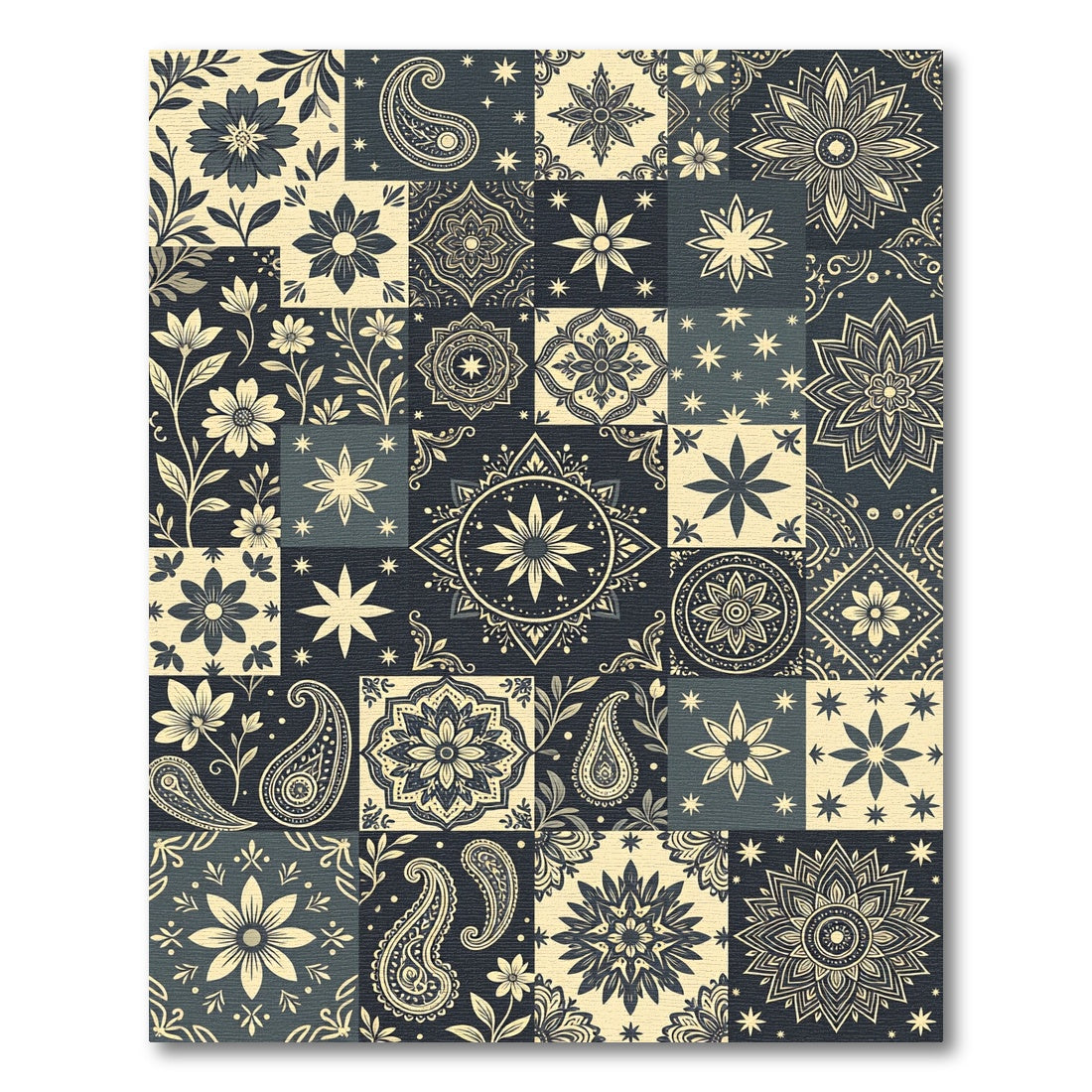 Midnight Navy Floral Paisley Tile Rug
