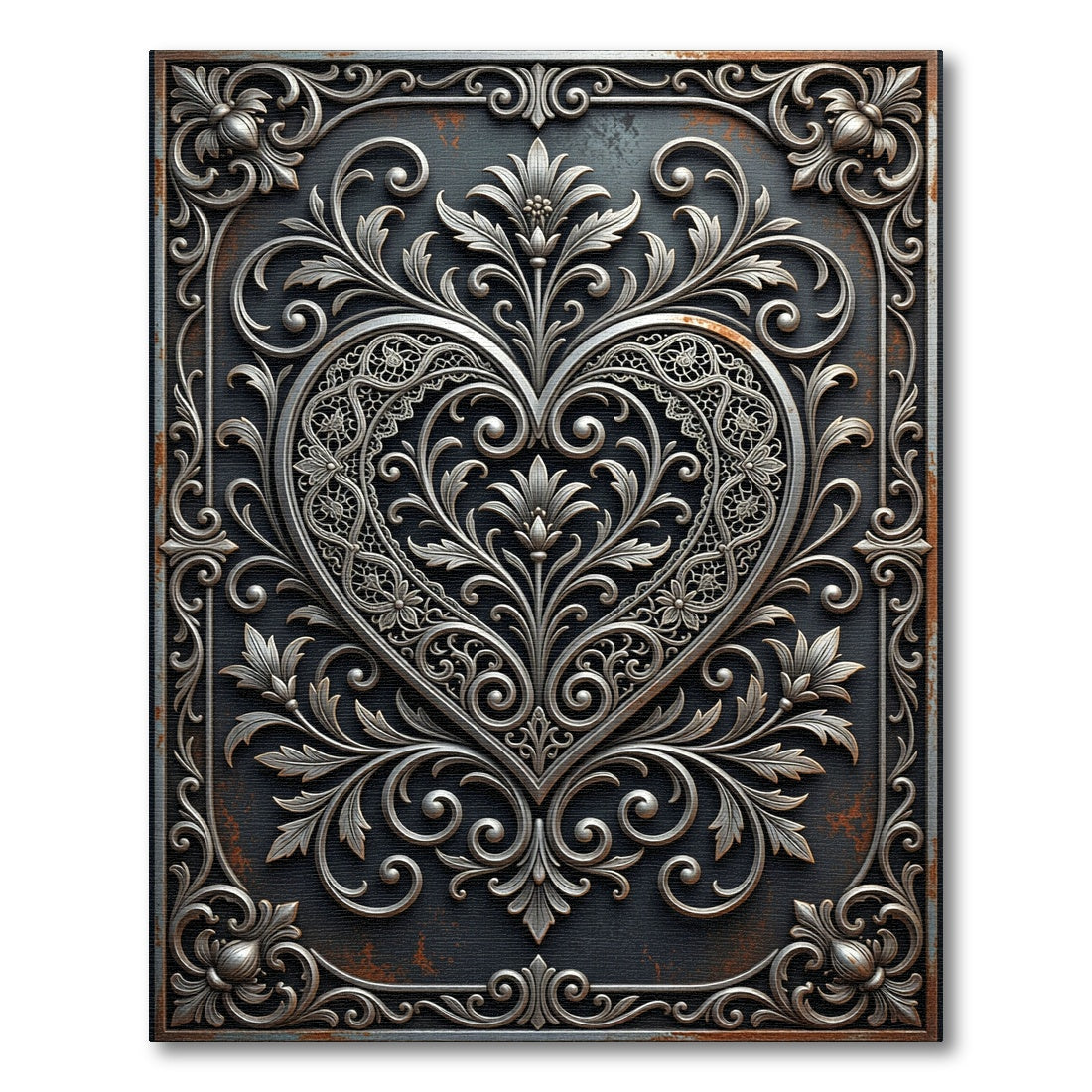 Ornate Silver Heart Damask Medallion Rug