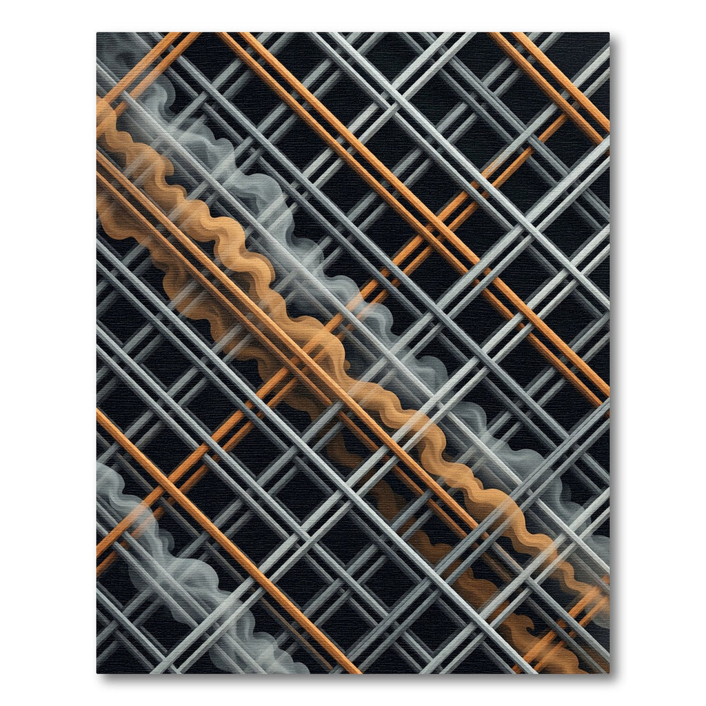 Modern Amber Gold Grid and Wave Rug