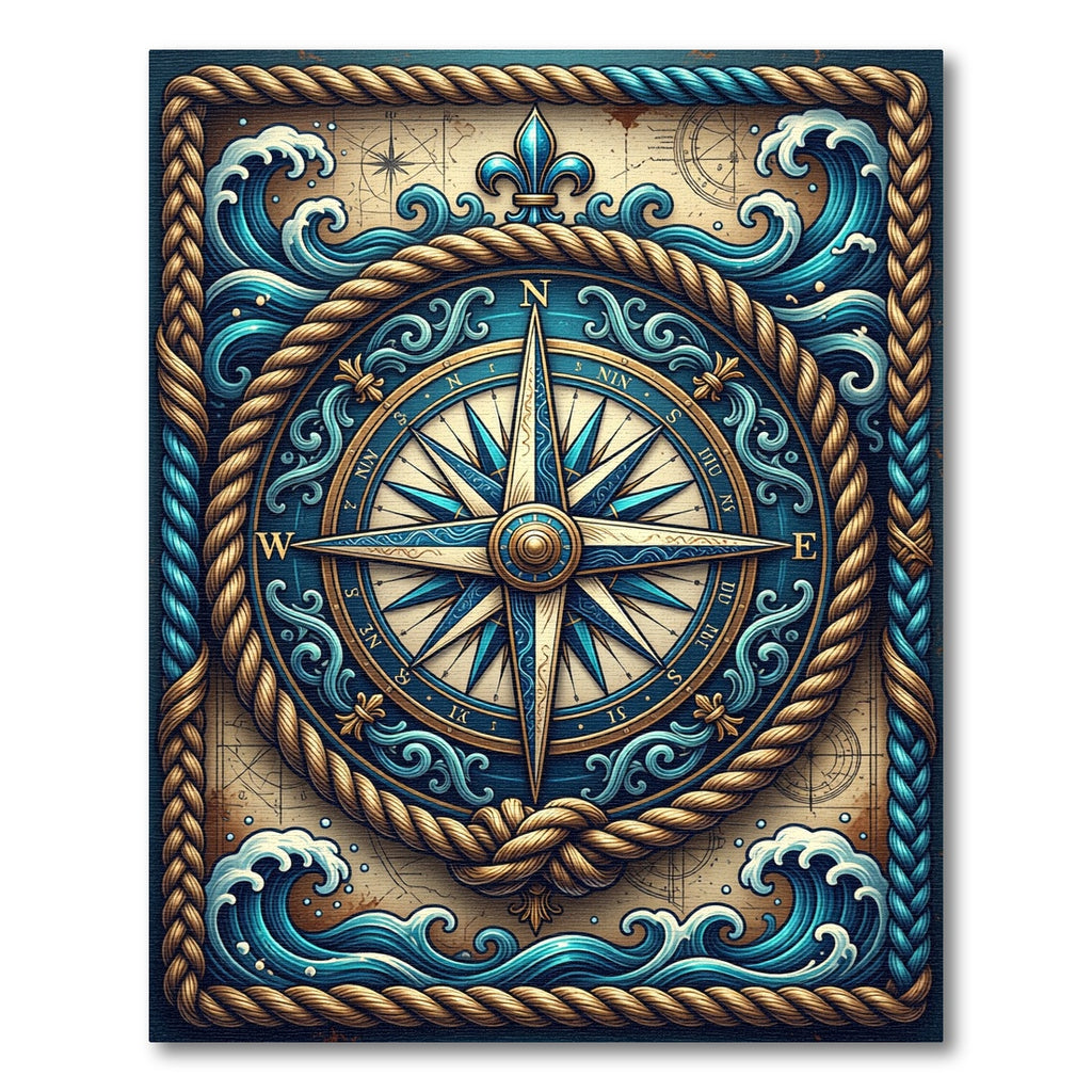 Nautical Compass Blue Waves Rope Border Rug