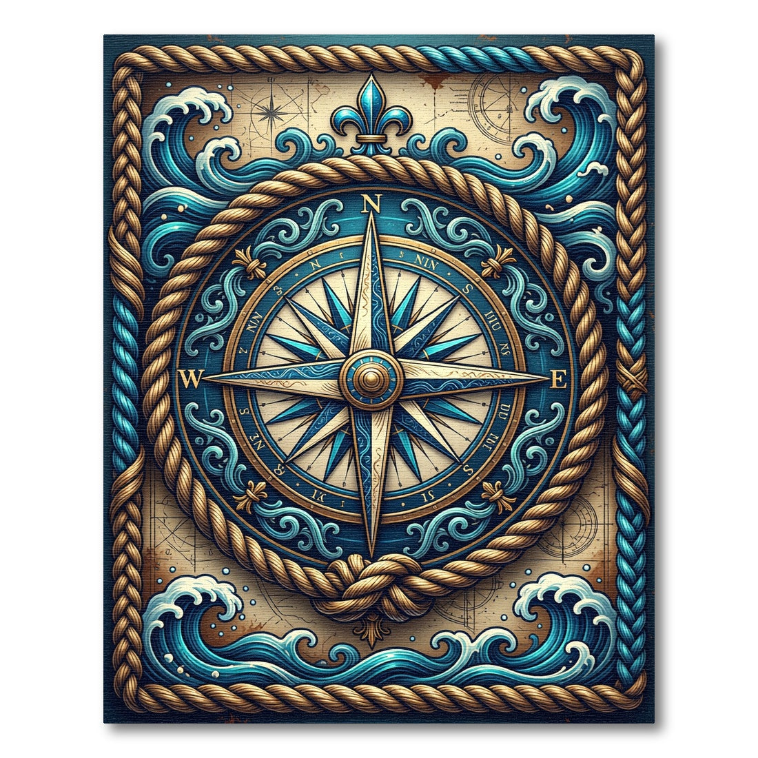 Nautical Compass Blue Waves Rope Border Rug