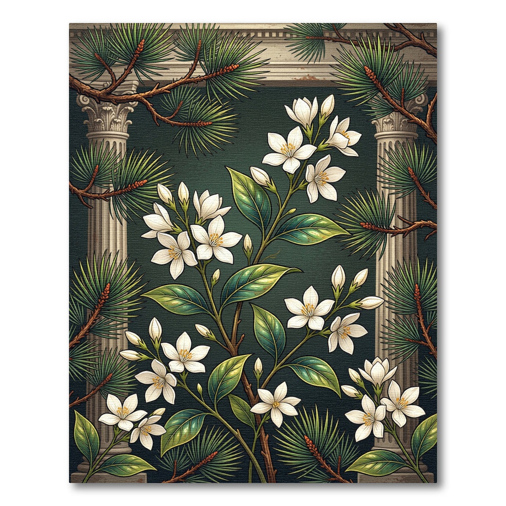 Elegant White Jasmine and Pine Foliage Rug
