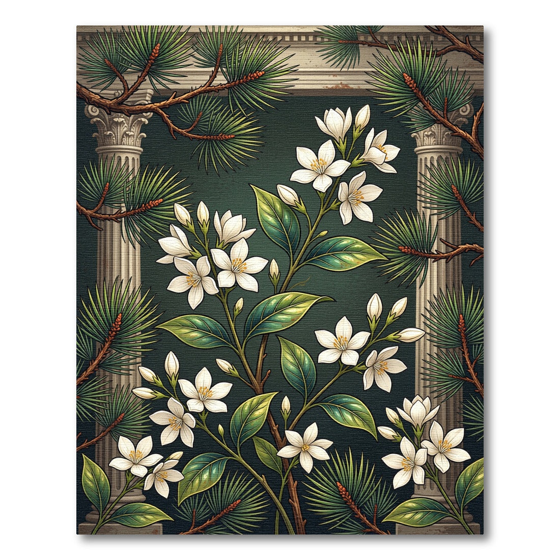 Elegant White Jasmine and Pine Foliage Rug