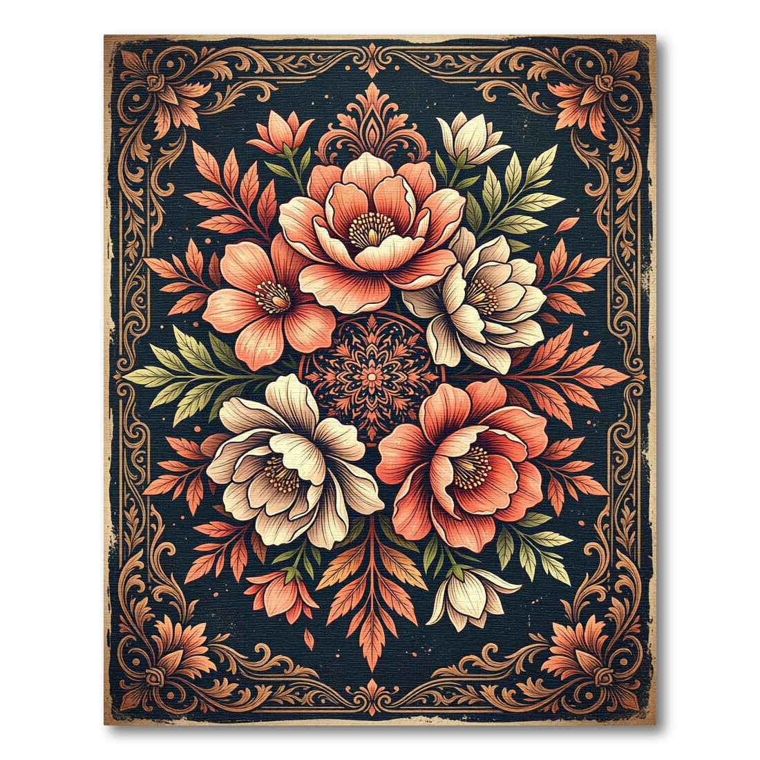 Elegant Coral Floral Medallion Bouquet Rug