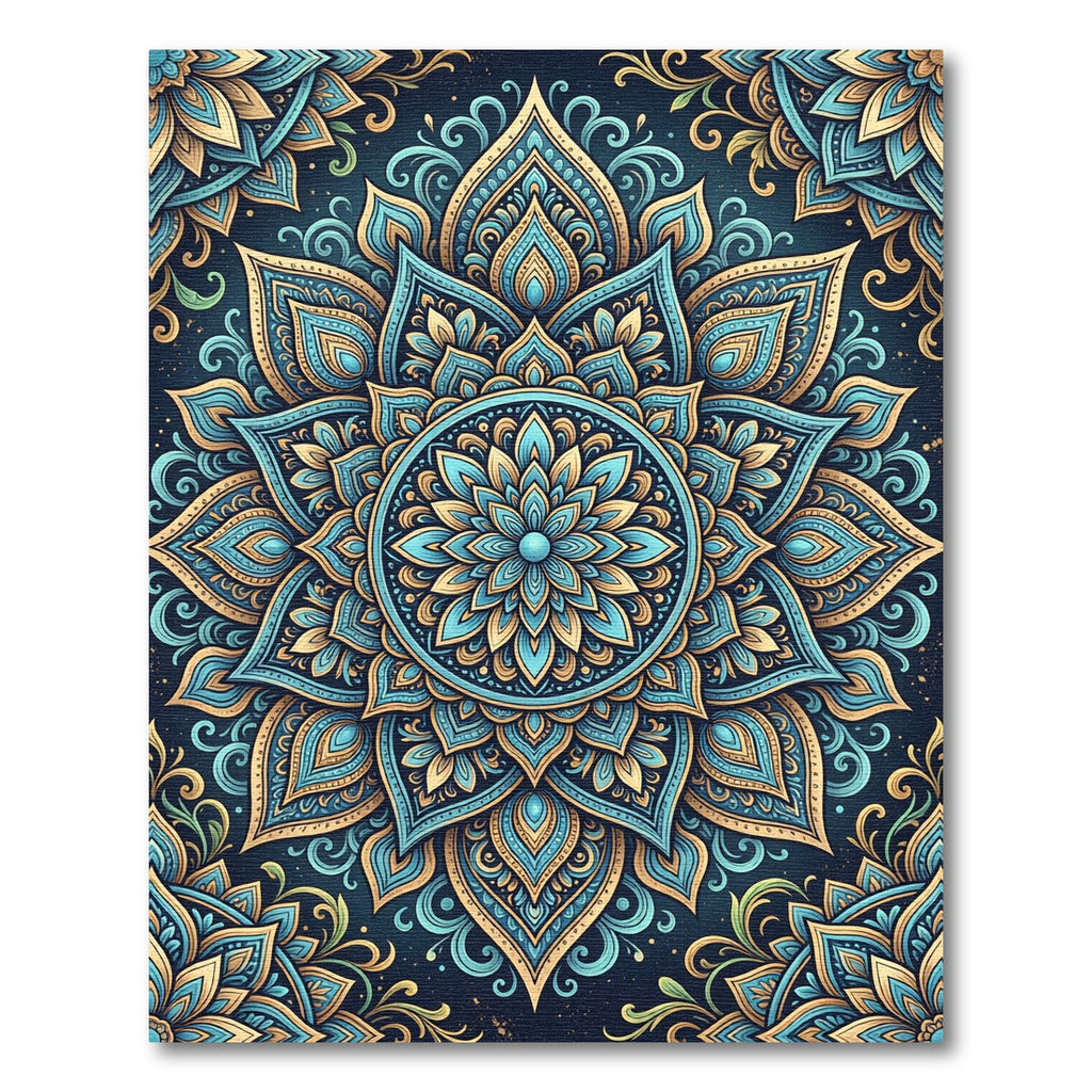 Teal Gold Ornate Lotus Mandala Rug