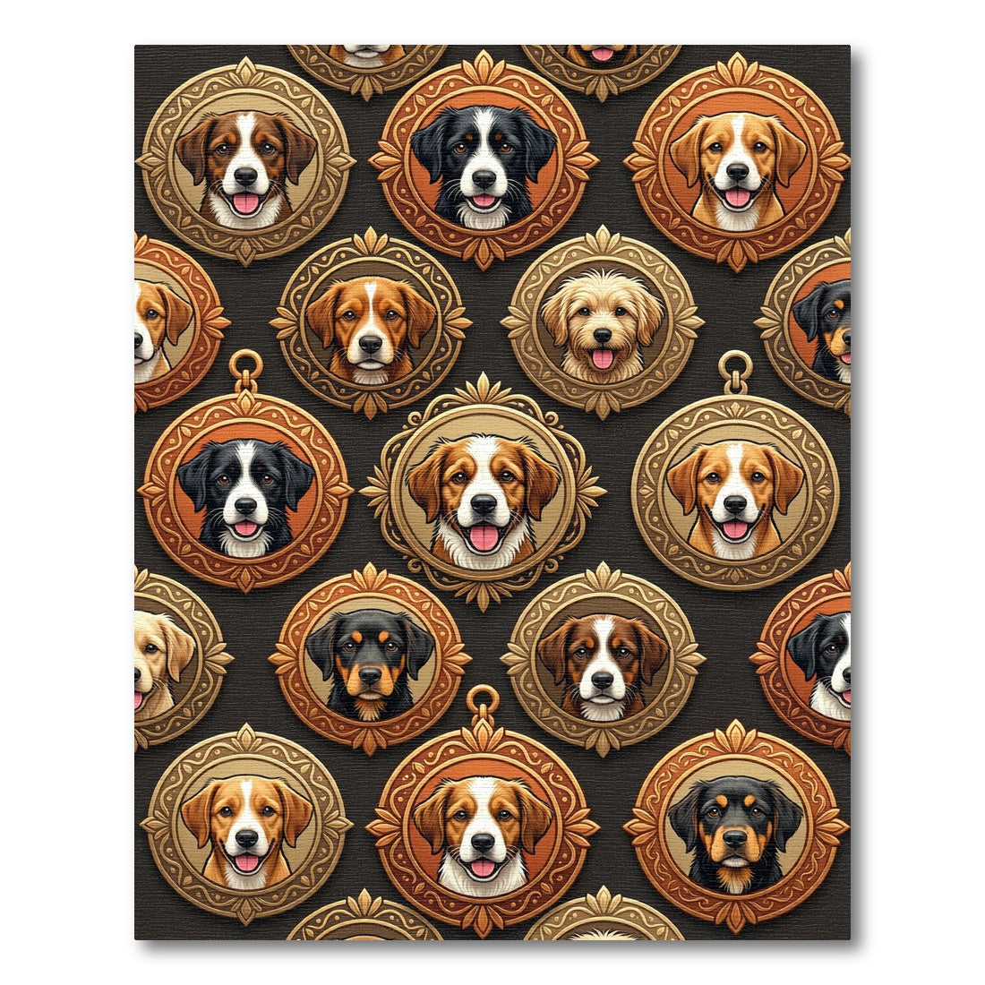 Vintage Gold Framed Canine Portrait Mosaic Rug