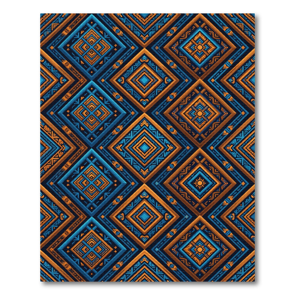 Vibrant Geometric Indigo and Amber Diamond Rug