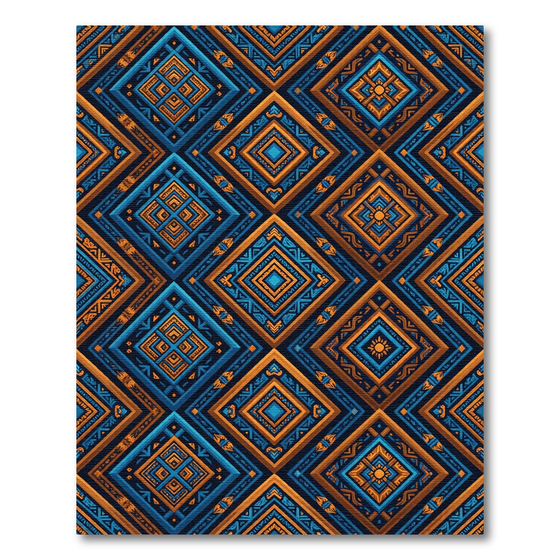 Vibrant Geometric Indigo and Amber Diamond Rug
