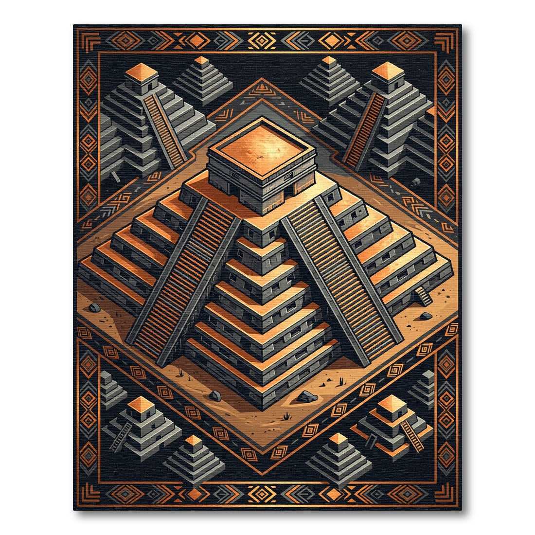 Golden Aztec Pyramid Isometric Geometric Rug