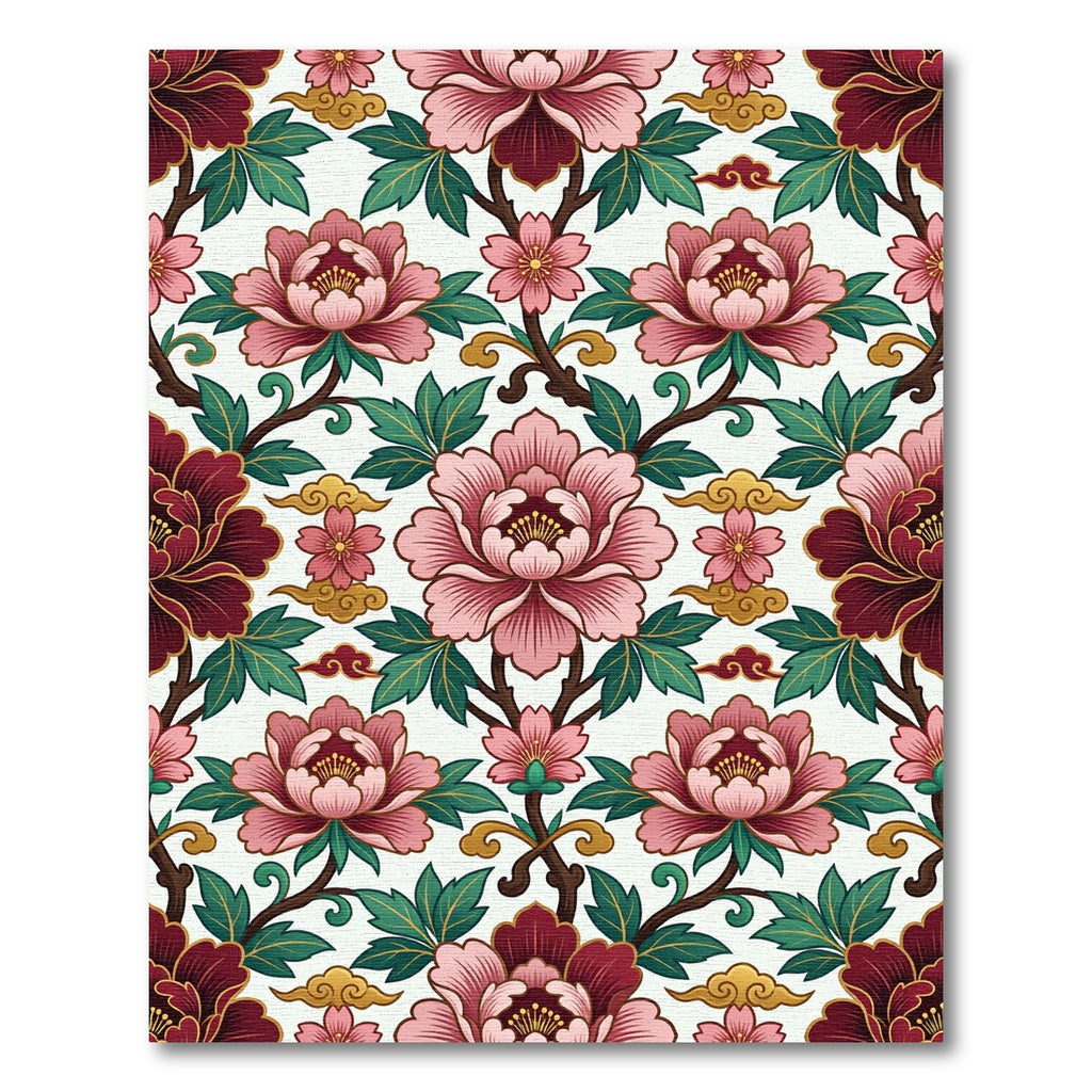 Pink Peony Floral Scroll Artwork Rug
