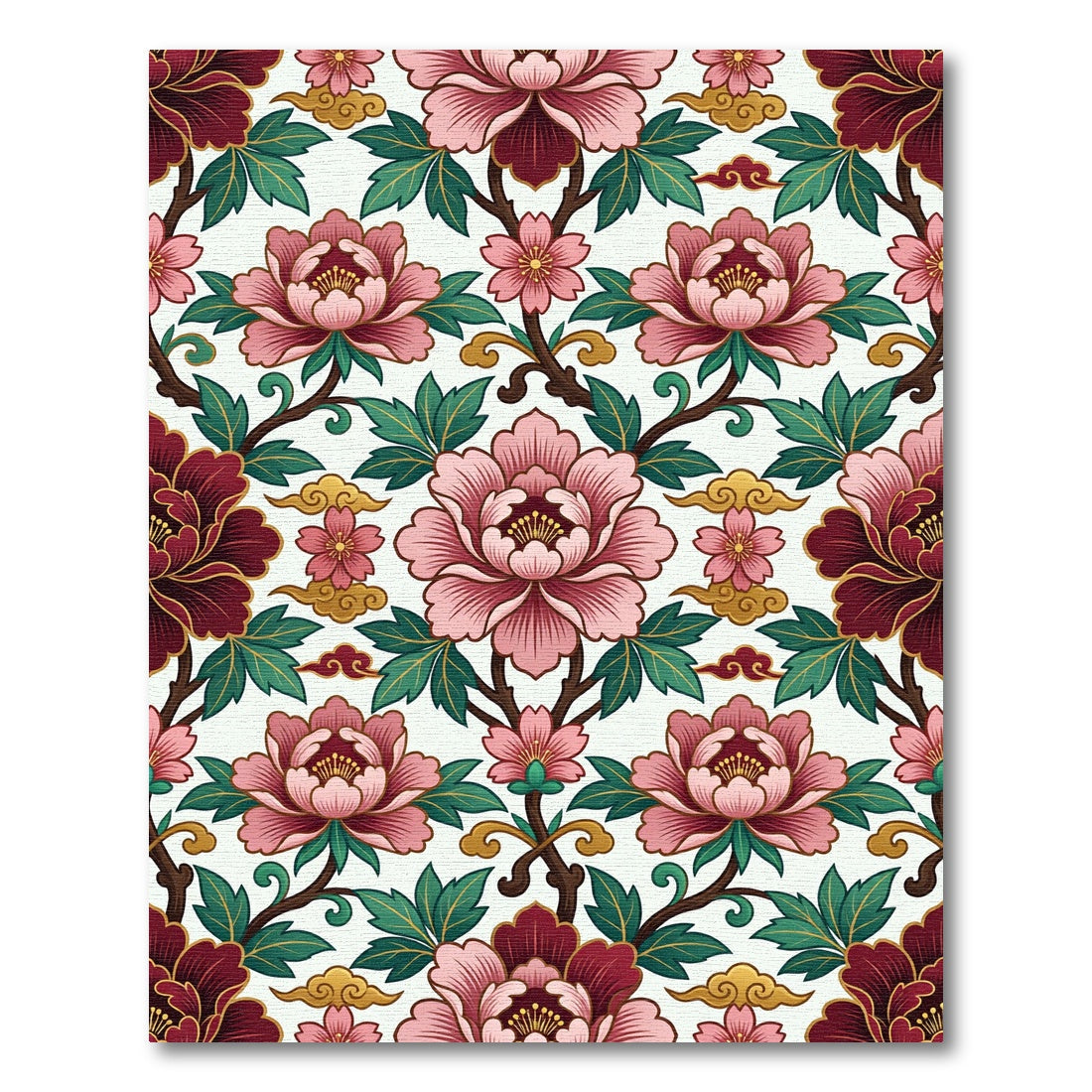 Pink Peony Floral Scroll Artwork Rug