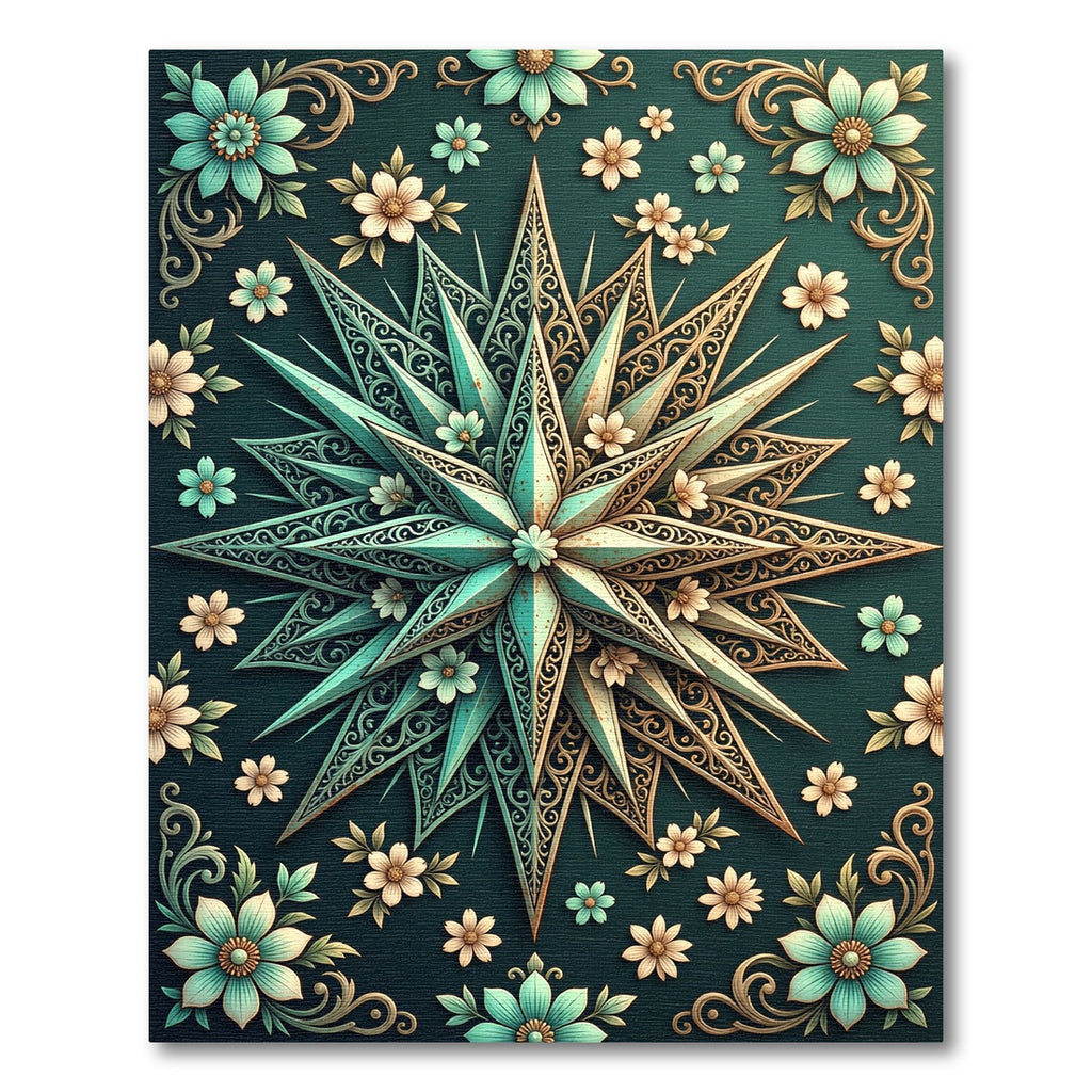 Gilded Teal Floral Geometric Star Rug