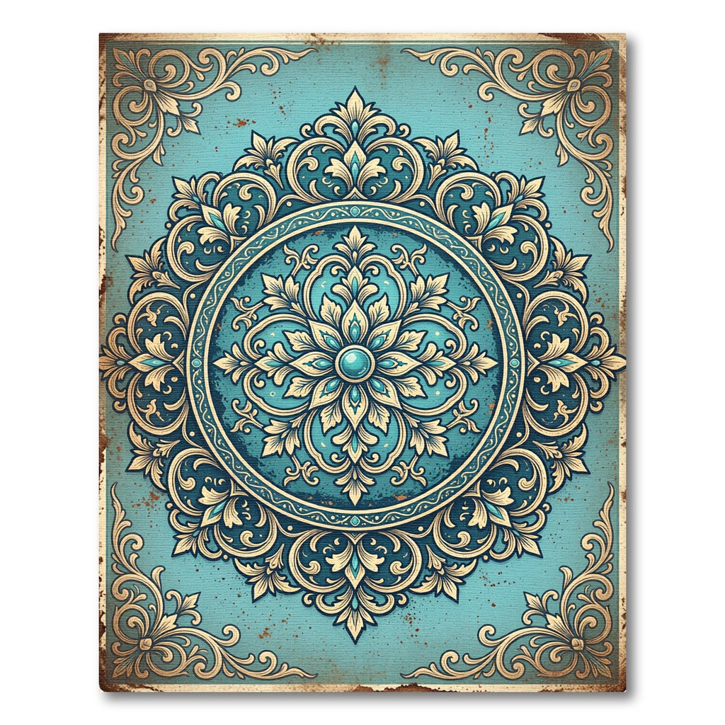 Ornate Teal Cream Filigree Medallion Rug