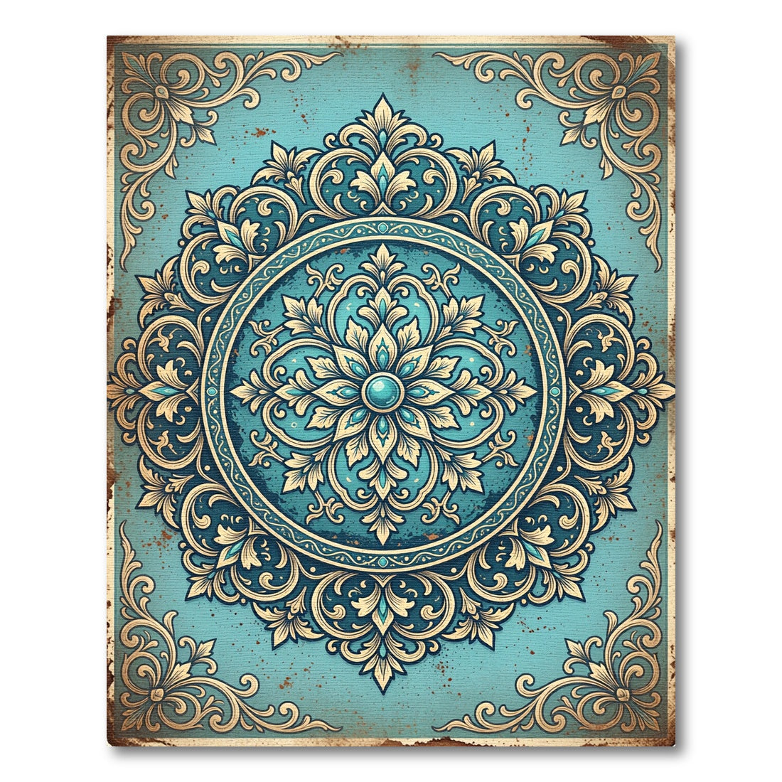 Ornate Teal Cream Filigree Medallion Rug