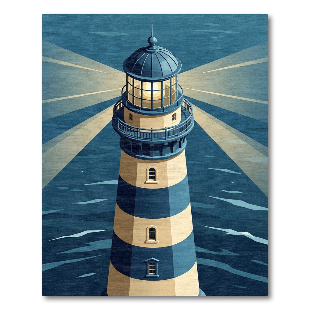 Coastal Blue Cream Striped Lighthouse Rug