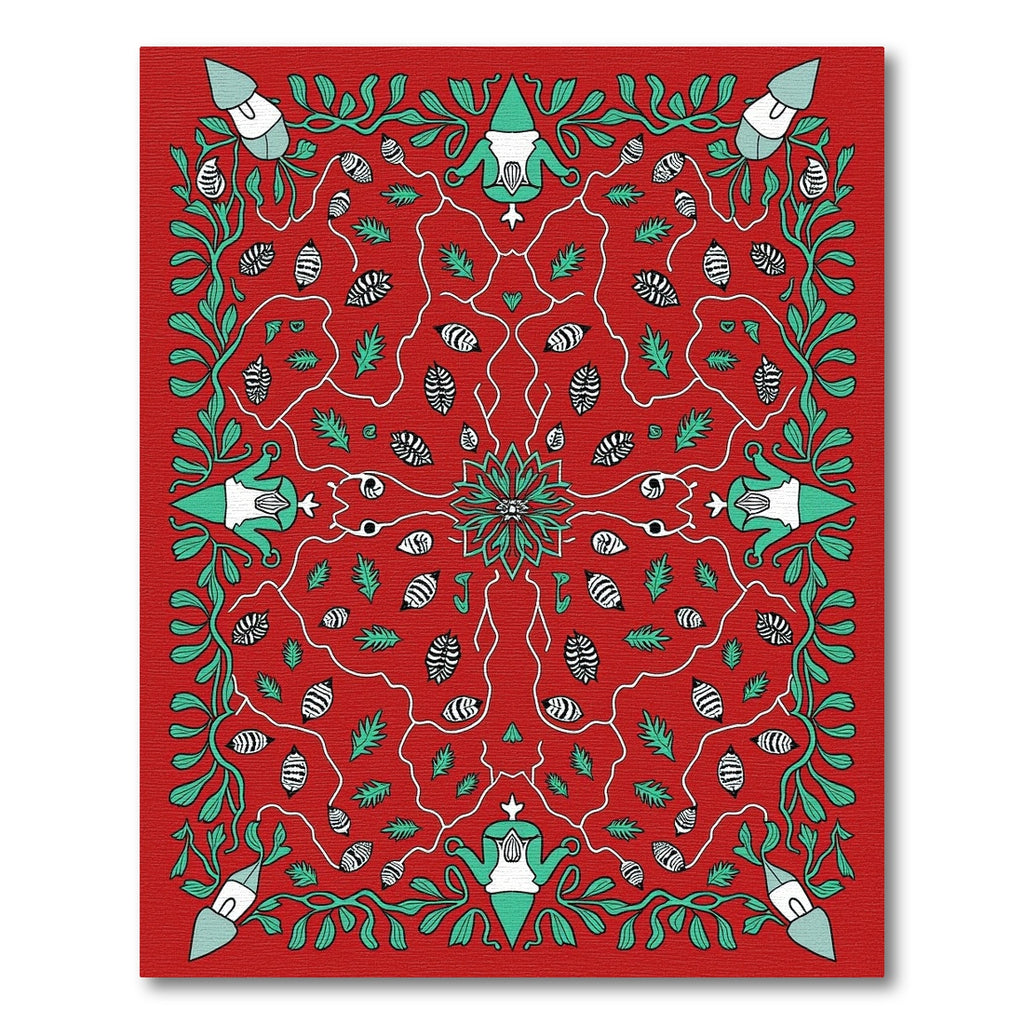 Red Teal Botanical Garden Scene Rug